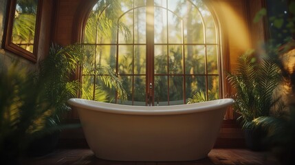 Luxurious bathroom interior with tropical garden view.