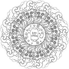 Contour mandala with baby clothes and toys, meditative coloring page for baby shower party or holiday activity