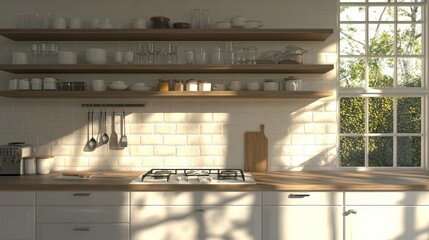 Sunlight streams into a bright, modern kitchen.