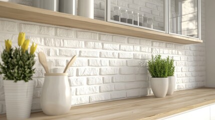 Modern kitchen design with white brick and wooden accents.