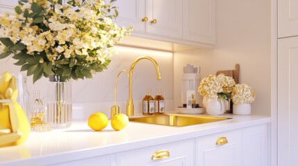 Modern kitchen interior with gold accents and yellow flowers.