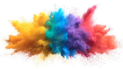 Vibrant photo of multicolored explosion of rainbow holi powder paint isolated on white background.