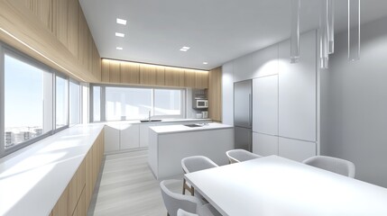 Modern kitchen interior design with light colors.