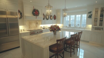 Elegant holiday kitchen interior with festive decorations.
