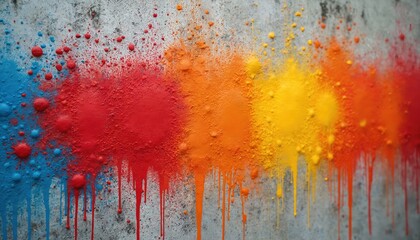 Naklejka premium Colorful spray paint art on concrete wall. Vibrant abstract grunge design, street urban style. Artistic background with red, yellow, orange, blue colours. Graffiti texture, creative illustration.