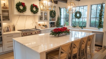 Elegant kitchen island adorned with holiday decorations.