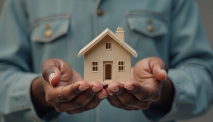 African American military veteran holds model home in hands. Home ownership concept for veterans, housing, real estate, property investment. Buying, purchasing home, financial security, family.
