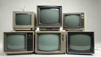Stacked old CRT TVs. Vintage retro television screens, tube displays with blank screens. 90s era tech, obsolete electronic devices, old technology, antique broadcast receivers.