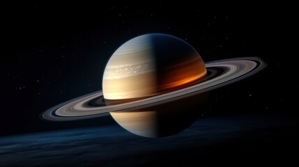 A distant view showcases Saturn in all its beauty, featuring its stunning rings and colorful bands. The planet floats majestically in the dark backdrop of space, captivating viewers.
