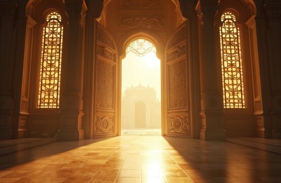 Ornate golden doors open, revealing ethereal realm. Soft light, intricate patterns dominate scene. Architectural marvel combines classic modern styles. Luxury interior design shows palace corridor.
