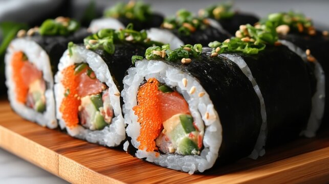 Beautifully crafted sushi rolls feature bright orange fish roe, fresh avocado, and salmon wrapped in seaweed and rice, arranged on a wooden board for a delightful meal. - Powered by Adobe