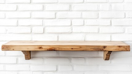 Simple wooden shelf against a white brick wall.