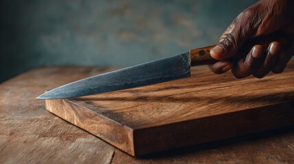 Expert Hand Gripping a Professional Chef's Knife Above a Rustic Wooden Cutting Board