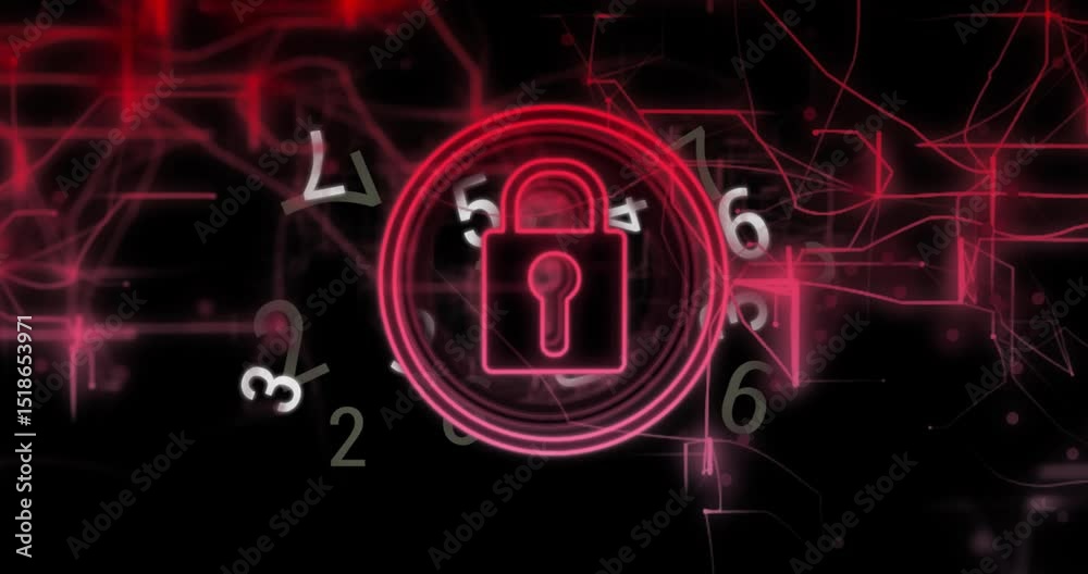 Poster padlock icon materializing and glowing circuits tracing grid while digits orbiting showing security