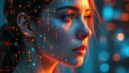 Female face with matrix digital numbers dots links hologram. Concept artificial intelligence AI with human face. Digital head shows cybernetic neural network. Futuristic tech art concept.