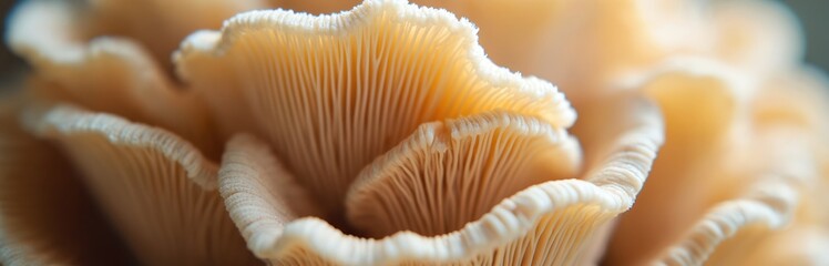 Close-up oyster mushrooms texture. Edible fungi detail, mushroom farming, gourmet ingredient, macro shot, biology concept, healthy food, vegan nutrition, cooking ingredient, wild mushrooms.