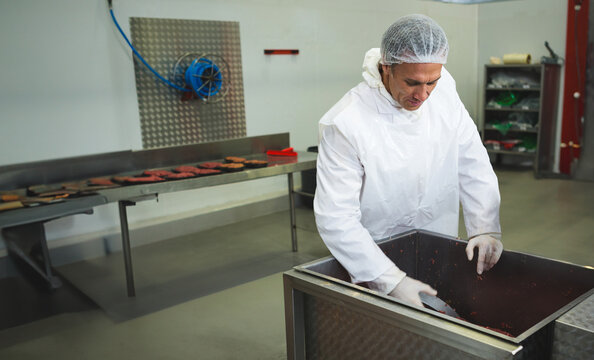Mature male processing worker inspecting meat in steel bin with patties in plant, copy space