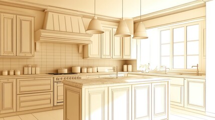 Elegant, light-toned kitchen design sketch.