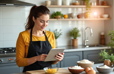 Brunette woman streams cooking class recipes from her kitchen. Female wearing apron, smiles, uses digital tablet, creates content. Food preparation indoor, modern lifestyle.