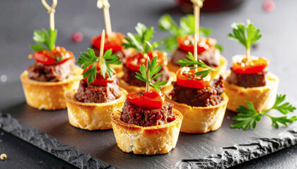 Mini beef appetizer cups, party food. AI