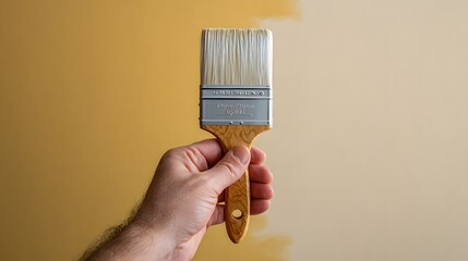 Home Transformation: Hand Holding a Fresh Paint Brush Against a Half-Painted Wall