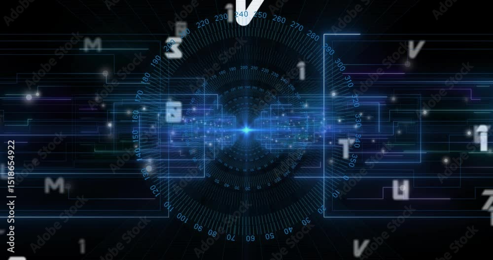 Poster bright blue node starting circuit lines extending and glyphs orbiting numeric ring visualizing data
