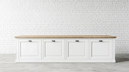 White cabinetry,  long counter, against a brick wall.