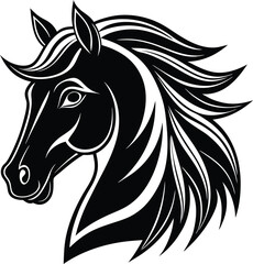 Elegant Stylized Horse Head Vector – Black Silhouette with Flowing Mane