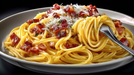 Close-up of creamy spaghetti carbonara with crispy bacon and grated cheese on a white oval plate