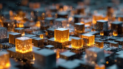 Abstract Golden Cubes Digital Art Futuristic Technology Background Glowing Illuminated 3D Render Modern Design Elegant Luxury Dark Grey Sparkling Particles Bright Shiny  