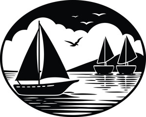 Bay With Sailboats Silhouette | Peaceful Sailing Bay Illustration