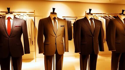 Display of men's suits on mannequins in a shop