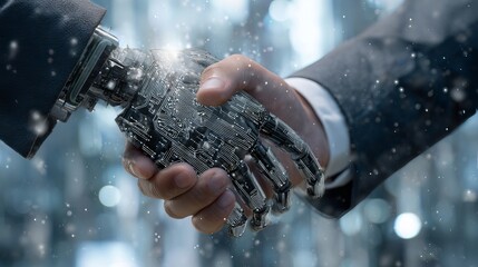 Human Handshake with Robotic Hand Advanced Technology Future Innovation Digital Business Partnership Artificial Intelligence Modern Collaboration Teamwork Progress       