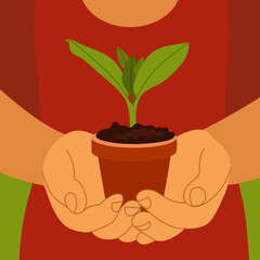 Someone in a red dress holding a houseplant in a brown pot. Ecology and conservation