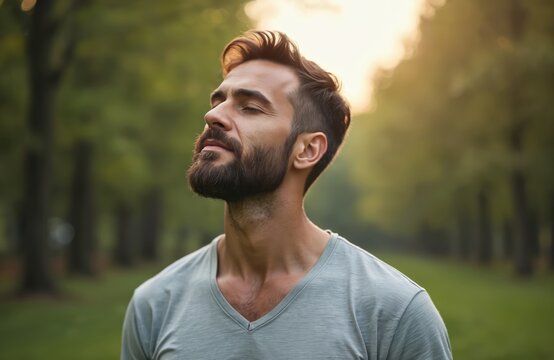 Man in nature breathing fresh air. Calm face, closed eyes, serene facial expression. Forest background, green trees, sunshine. Represents health, tranquility, connection with nature, mindful