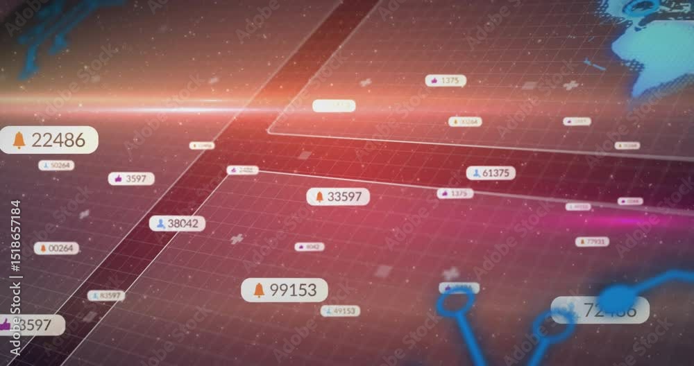 Poster glow line initiating tags appearing sliding on grid nodes linking map emerging showing data streams