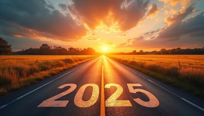 Scenic road leads towards sun with year 2025 painted on asphalt, new year, fresh start. Inspiring journey, forward perspective, success goal, positive future. Picture of hope, achievement, change,