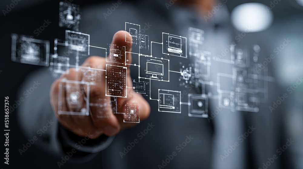 Poster digital technology network interface modern businessman hand touching futuristic screen interface gl