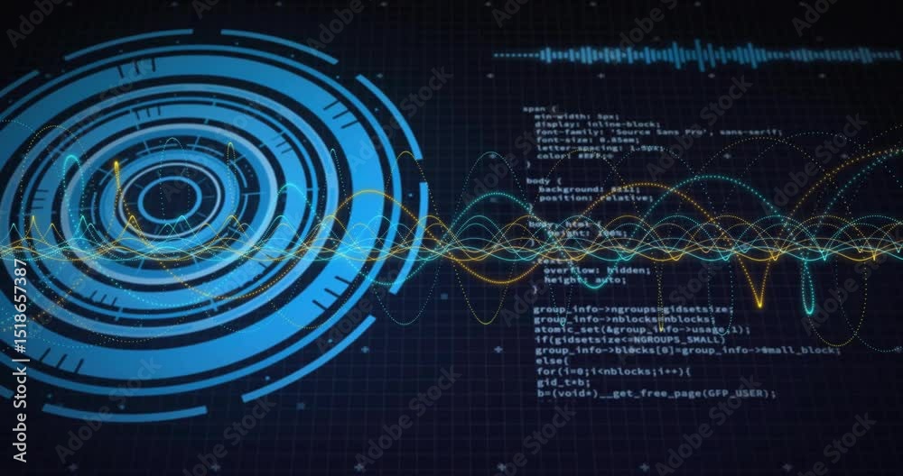 Poster grid appearing, circles rotating, waveform undulating, code scrolling upward representing interface