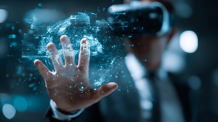 Fototapeta premium Futuristic Businessman Metaverse Virtual Reality Global Network Digital Technology Innovation Hand Gesture Interactive Interface Modern Businessman Exploring Digital 