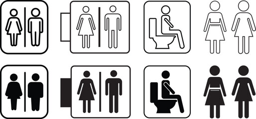 International restroom and Washroom symbols icon Set: male, female, unisex, and accessible toilet icons. Includes outline and solid fill variations