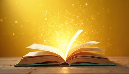 Open book with yellow glowing background. Pages with text are illuminated by bright magical light. Literature, education, school, wisdom, reading concept.