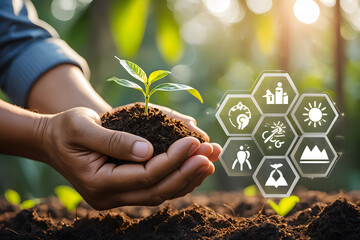 Hands holding a young plant seedling representing growth sustainability and environmental conservation