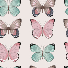 Set butterflies in various colors seamless pattern. Beautiful Butterfly vector illustration with wings spread out flying. Girly continuous background. Children's art.