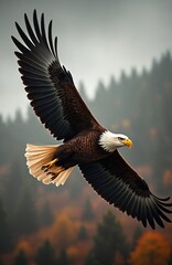 Obraz premium Majestic bald eagle soars through sky. Powerful predator bird of prey with white head brown feathers and yellow beak, flies high, wing spread. Freedom American symbol.