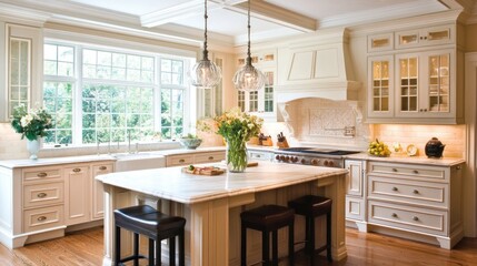 Spacious, well-lit kitchen with white cabinets and island.