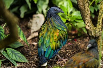 Close-Up of a Colorful Nicobar Pigeon with Iridescent Feathers in Tropical Habitat