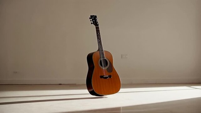 Floating acoustic guitar against a light beige wall