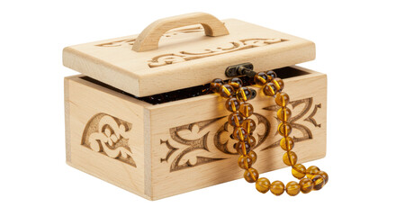 Isolated Wooden Box with Amber Beads