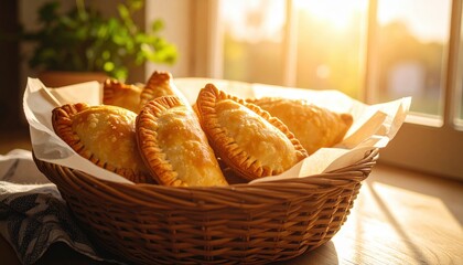 Golden-Brown Empanadas in Rustic Basket, Warm Sunlight